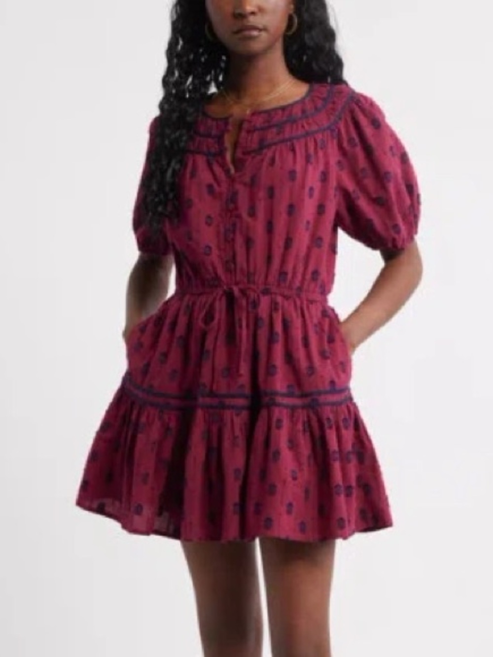 Anthropologie Peasant Mini Dress in Wine Red with Navy Print